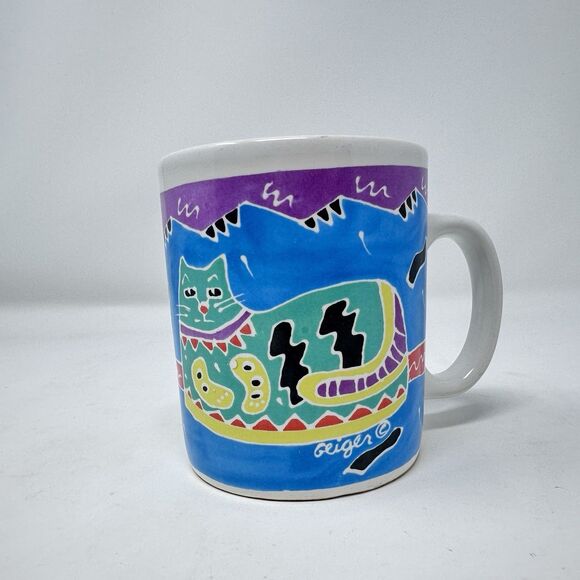Vintage Chaleur Judith Geiger Cat Coffee Tea Mug 1987 Blue Purple Whimsical - Picture 1 of 5